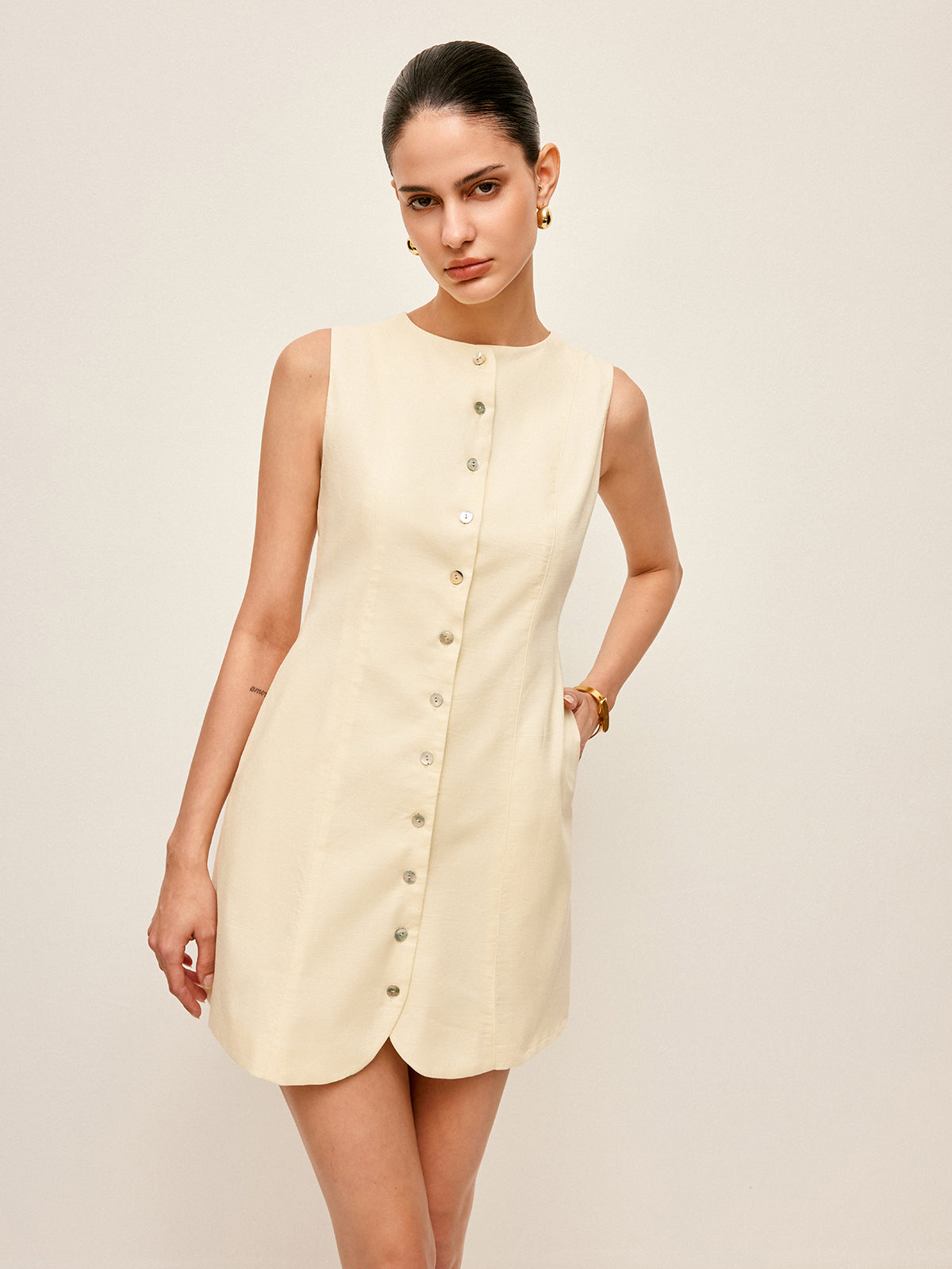 Button-Front Cotton & Linen Sleeveless Dress-Chicvia