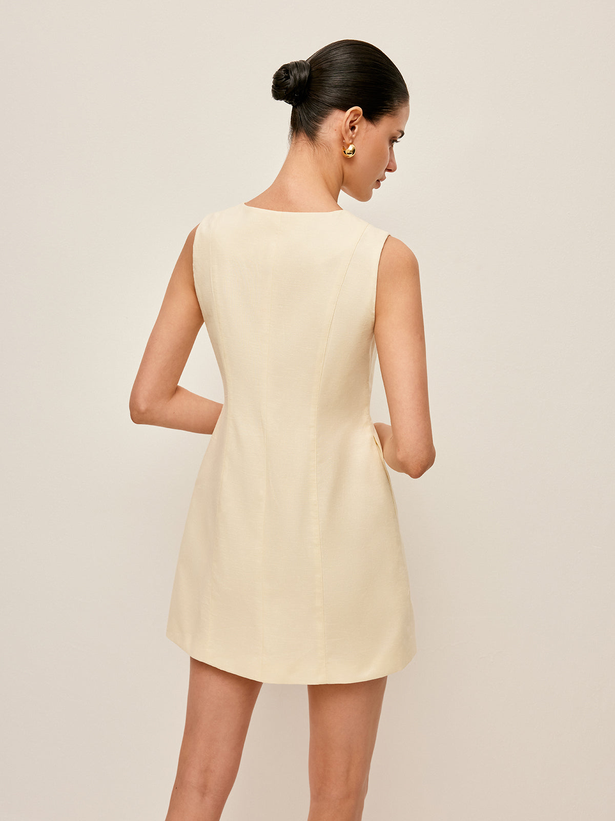 Button-Front Cotton & Linen Sleeveless Dress-Chicvia