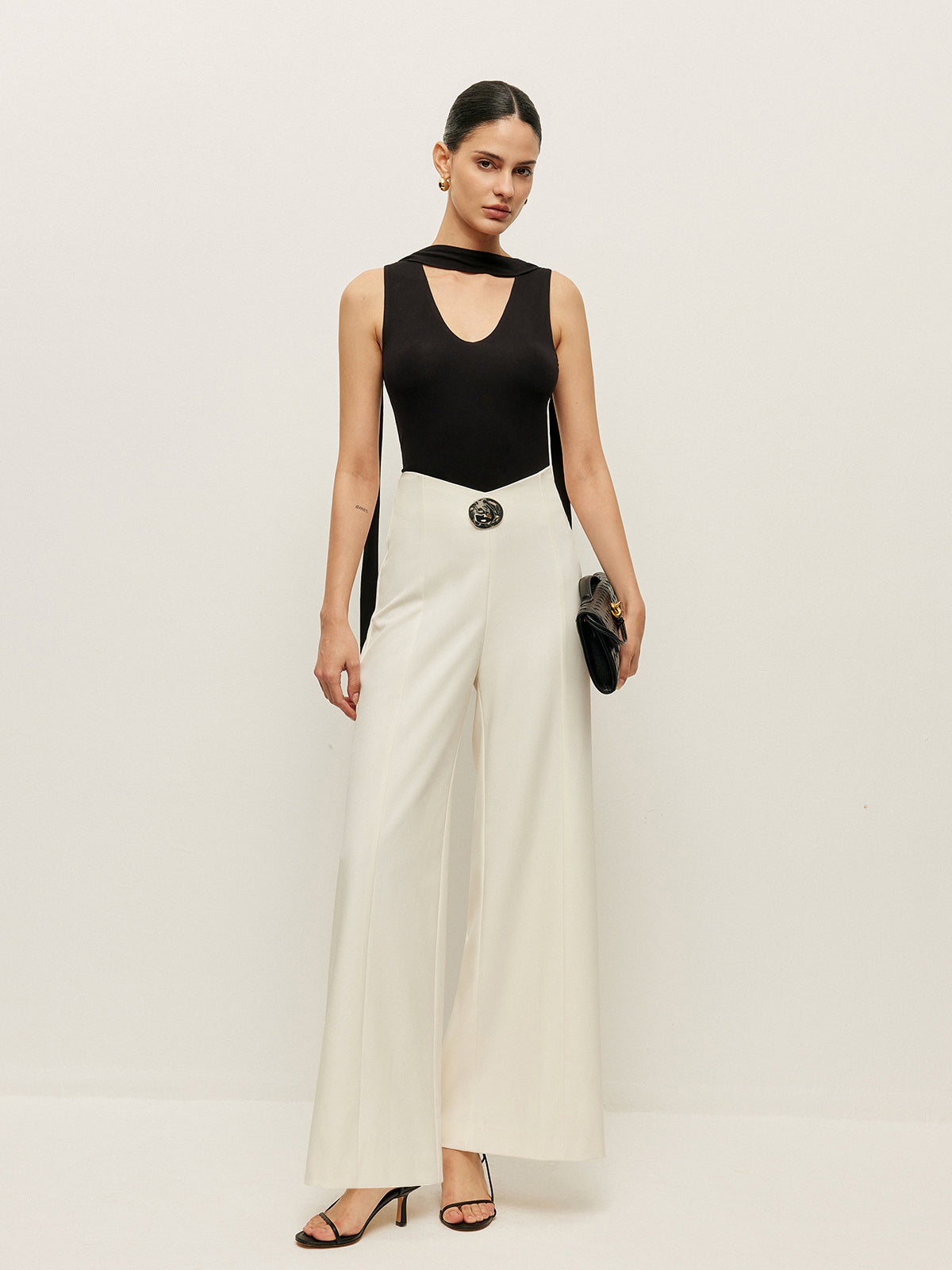 High-Waist Wide Leg Pants With Buckle Detail-Chicvia