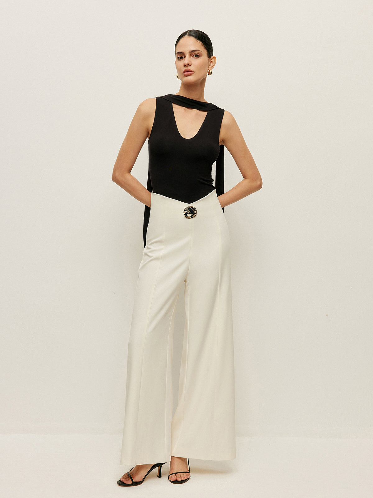 High-Waist Wide Leg Pants With Buckle Detail-Chicvia