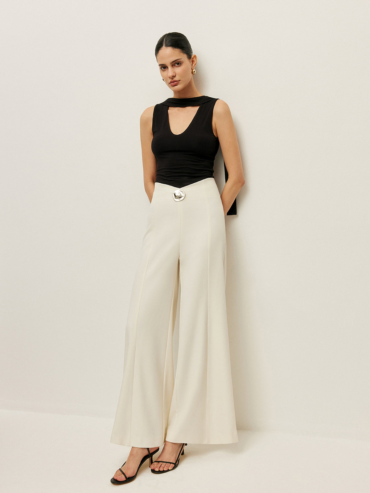 High-Waist Wide Leg Pants With Buckle Detail-Chicvia