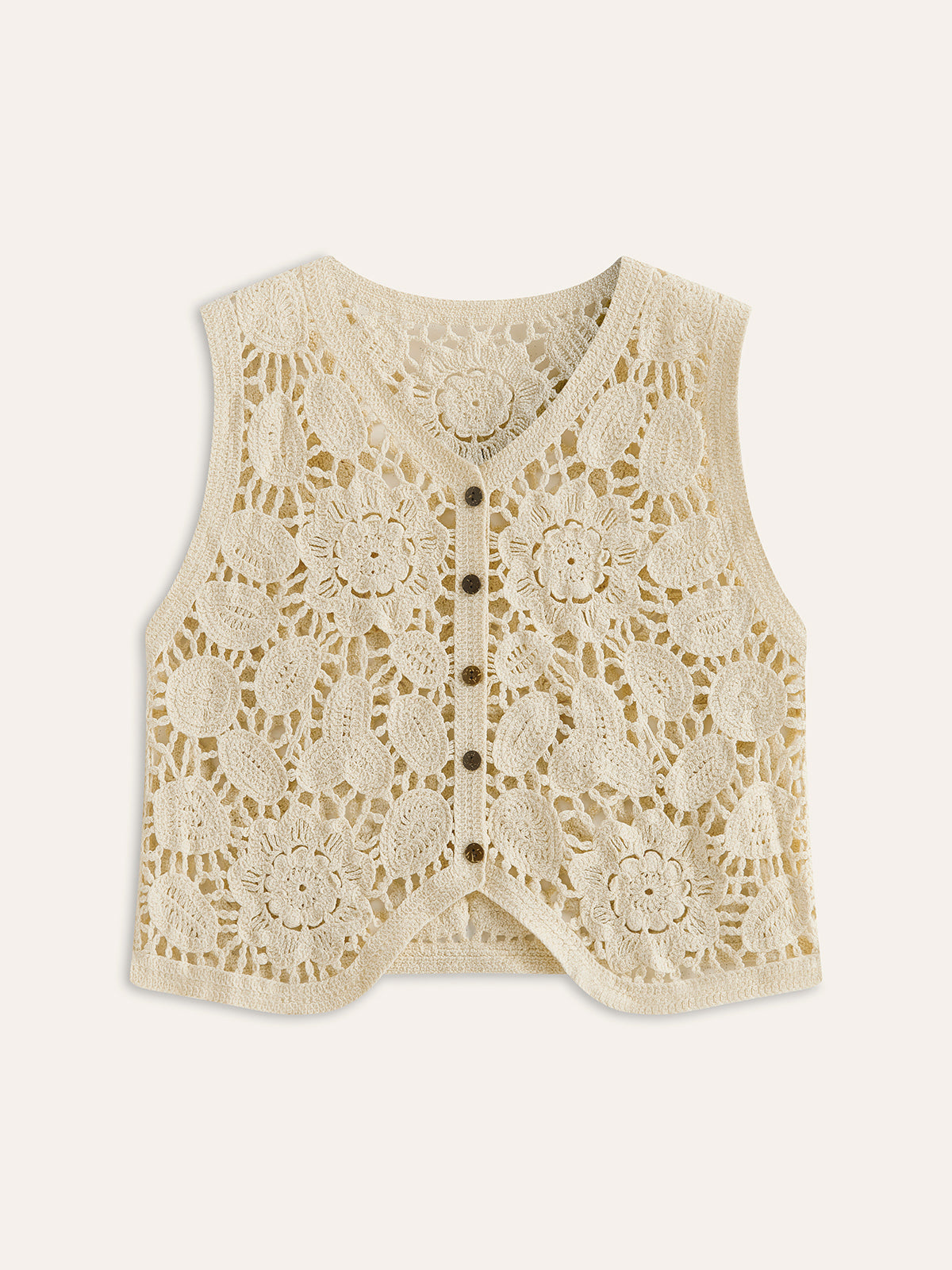 Floral Crochet Button Detail Vest-Chicvia