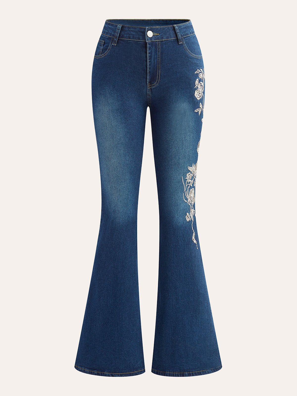 Mid-Waist Embroidered Flared Jeans-Chicvia