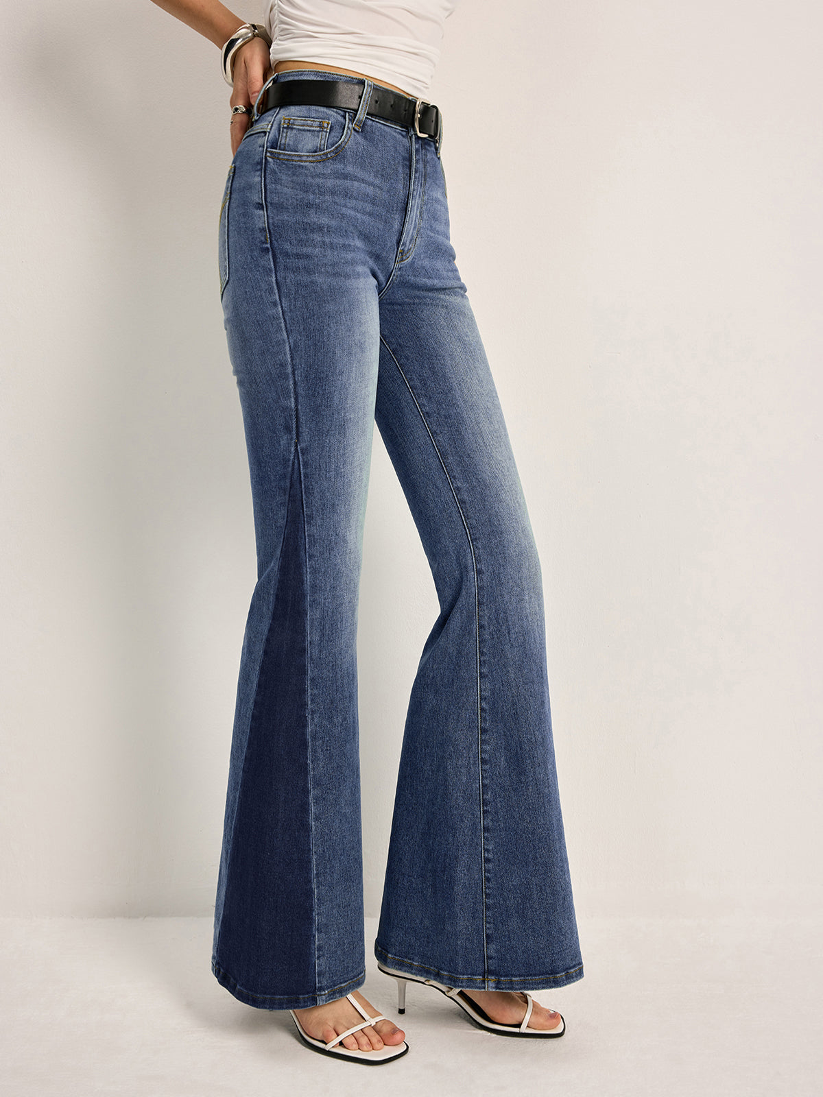 Color Block Mid-Waist Bell Jeans-Chicvia