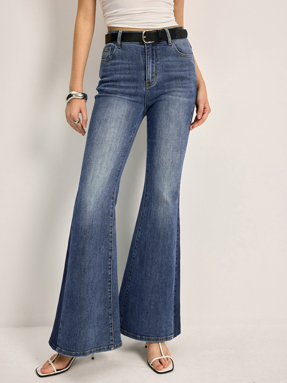Color Block Mid-Waist Bell Jeans-Chicvia