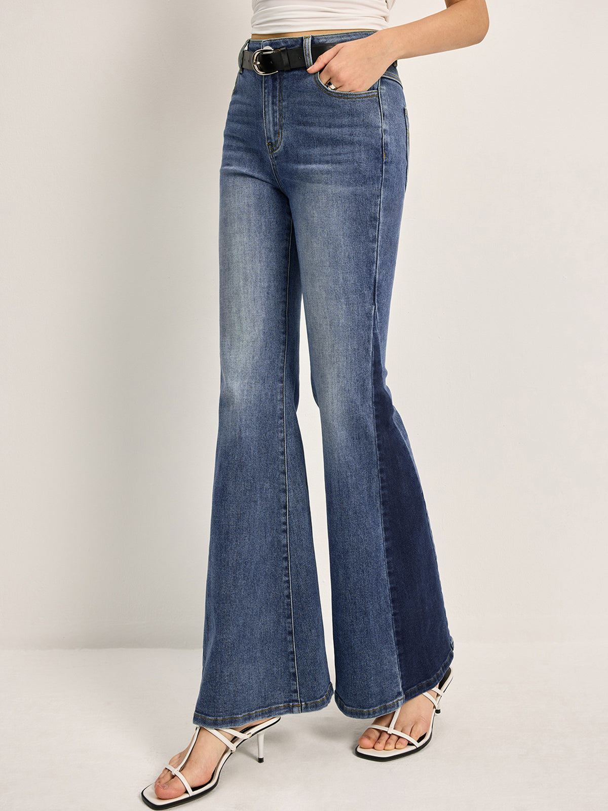 Color Block Mid-Waist Bell Jeans-Chicvia