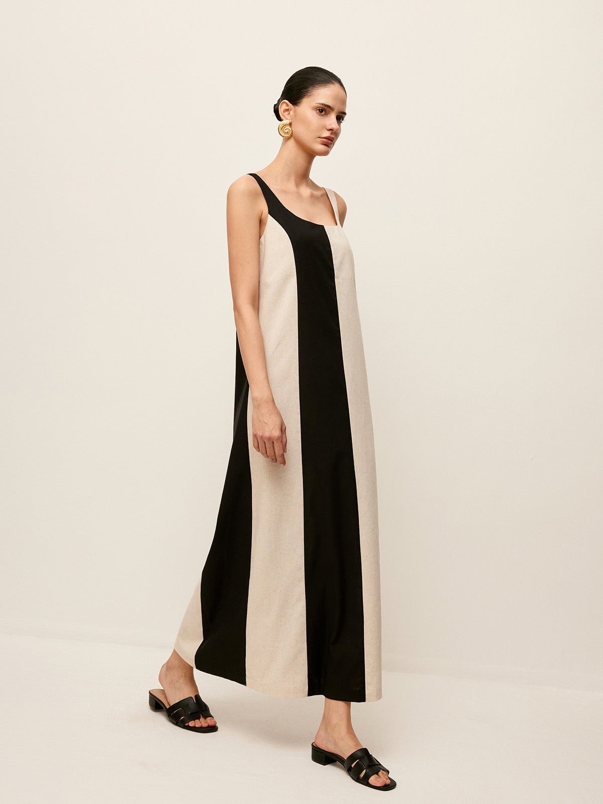 Cotton & Linen Striped Sleeveless Dress-Chicvia