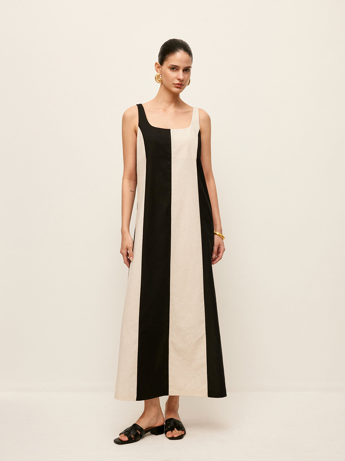 Cotton & Linen Striped Sleeveless Dress-Chicvia