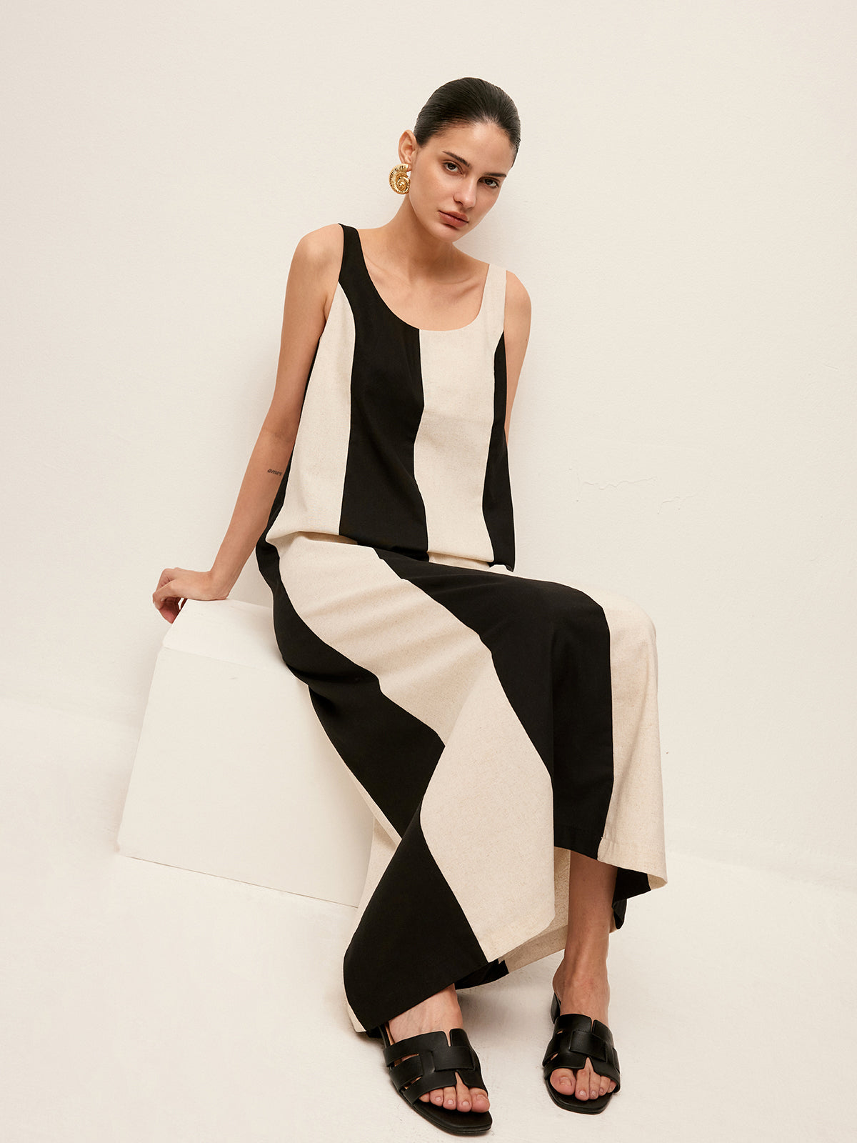 Cotton & Linen Striped Sleeveless Dress-Chicvia