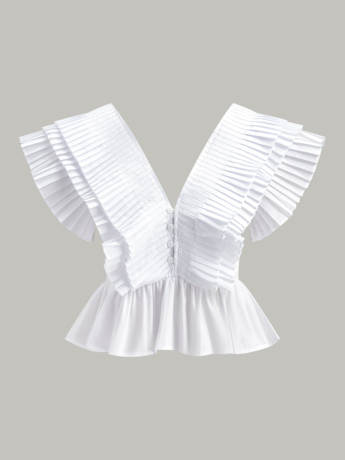 Pleated V-Neck Button-Detail Top-Chicvia