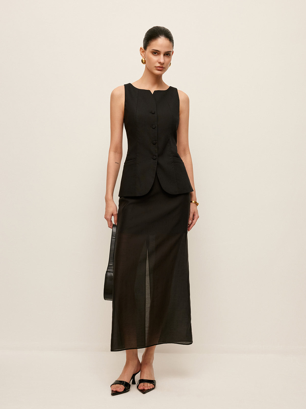 Cotton & Linen Button-Front Vest Without Belt-Chicvia