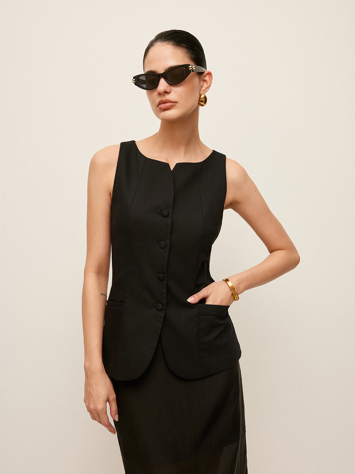 Cotton & Linen Button-Front Vest Without Belt-Chicvia