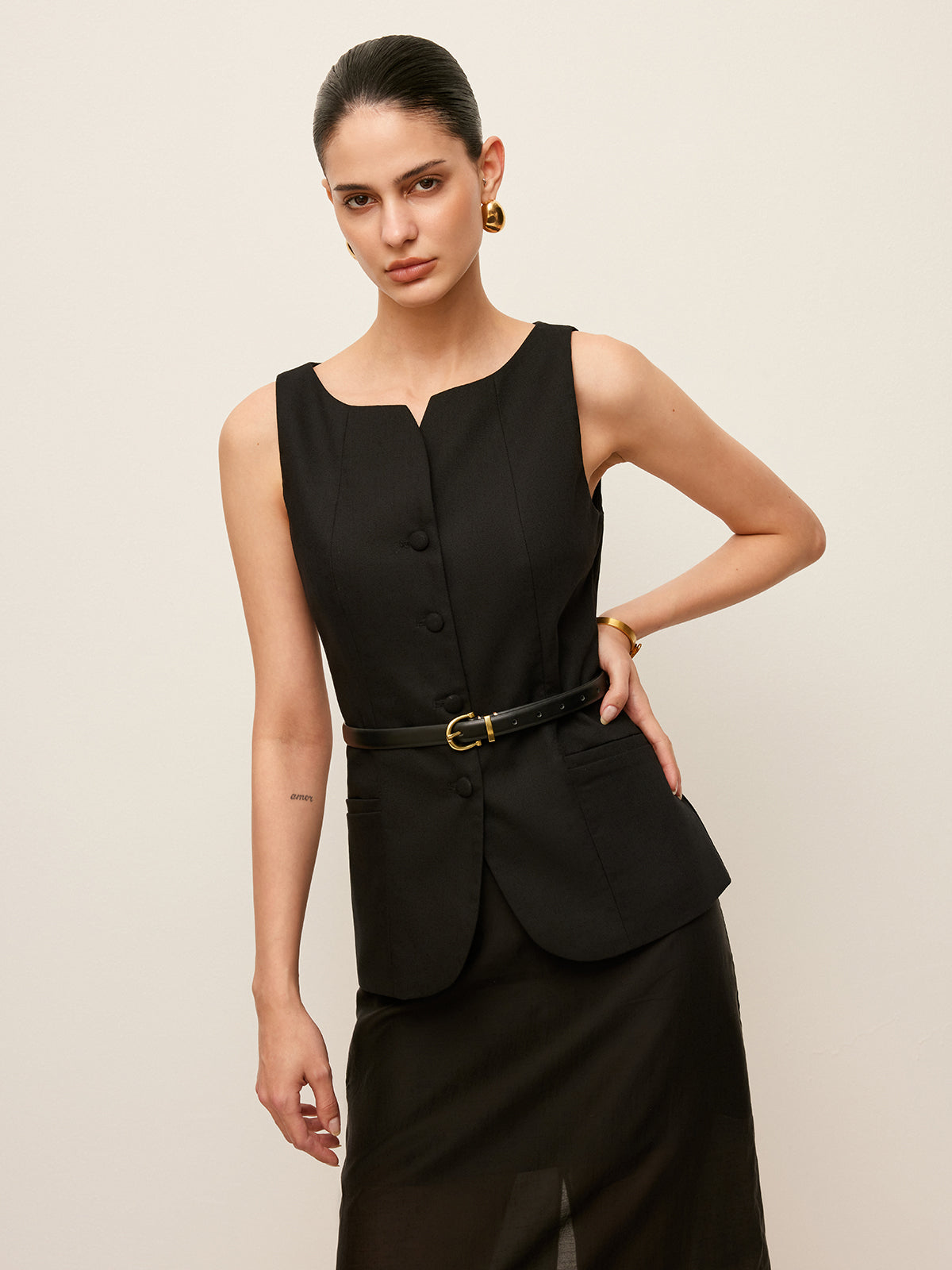 Cotton & Linen Button-Front Vest Without Belt-Chicvia