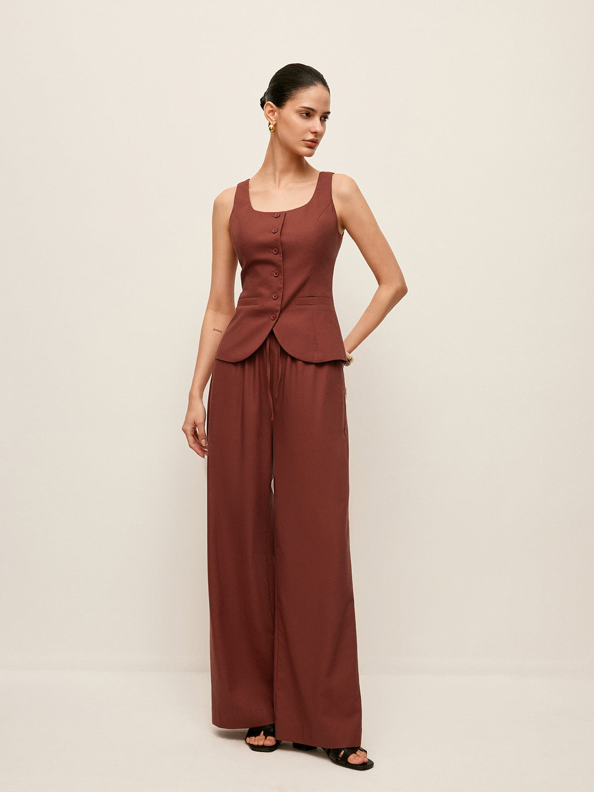 Cotton & Linen Tied Back Vest With Drawstring Pants Set-Chicvia