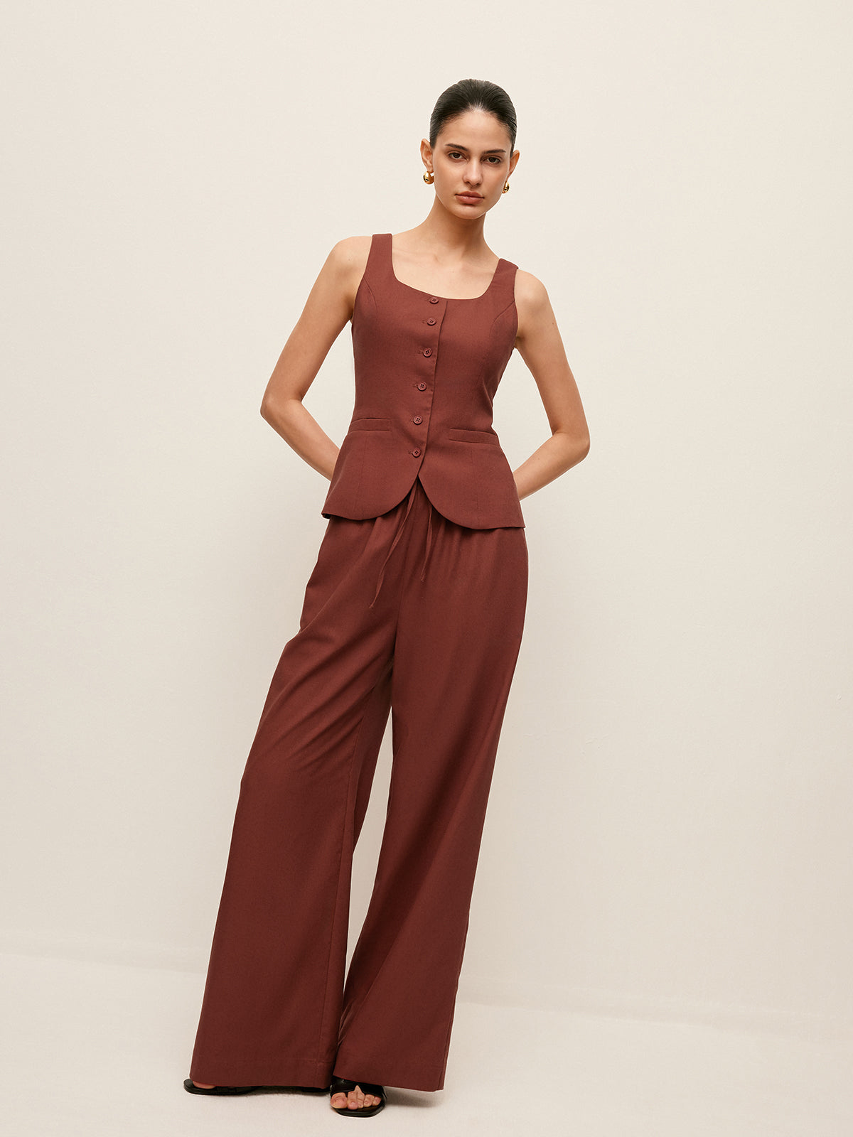 Cotton & Linen Tied Back Vest With Drawstring Pants Set-Chicvia