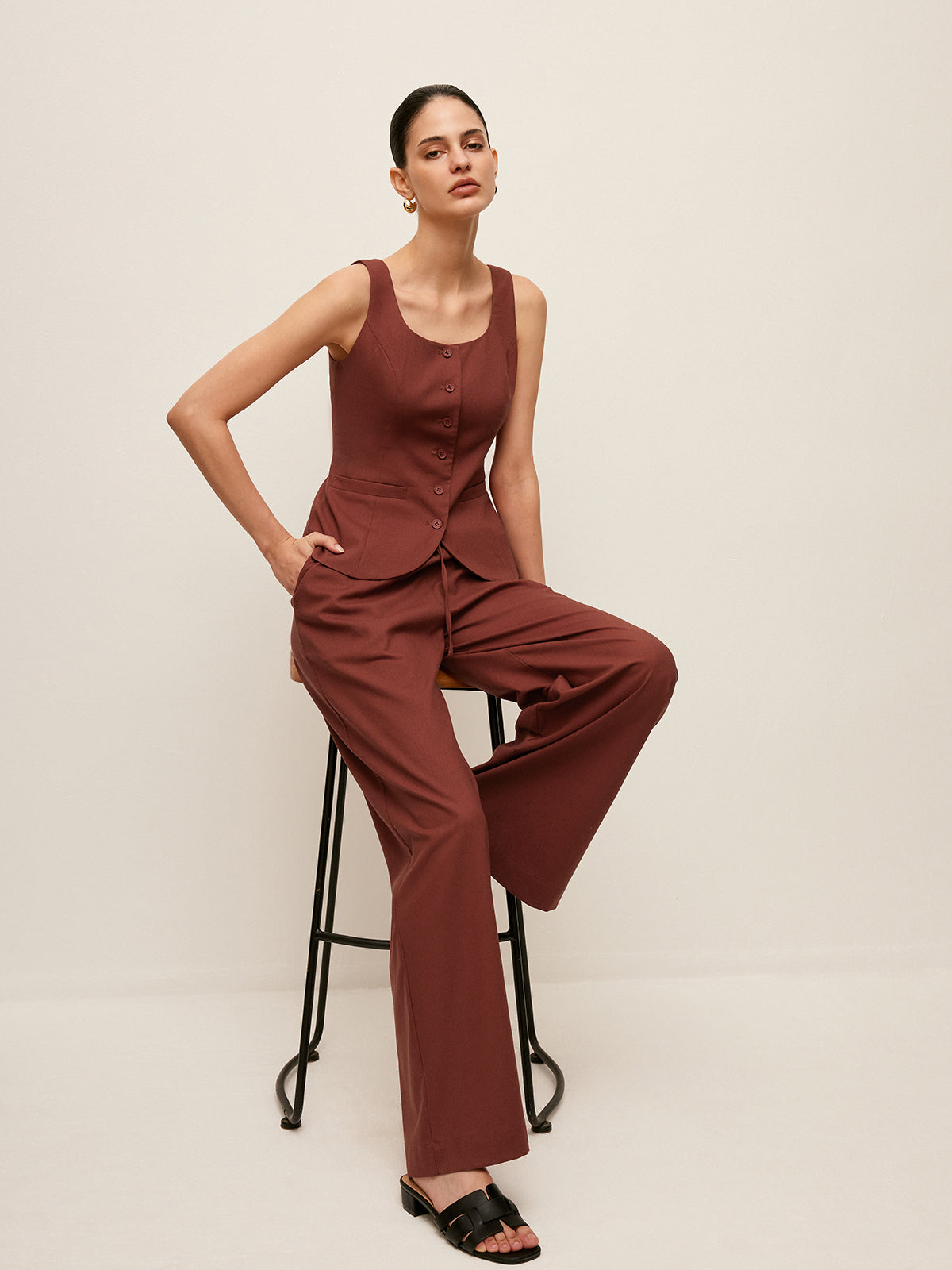 Cotton & Linen Tied Back Vest With Drawstring Pants Set-Chicvia