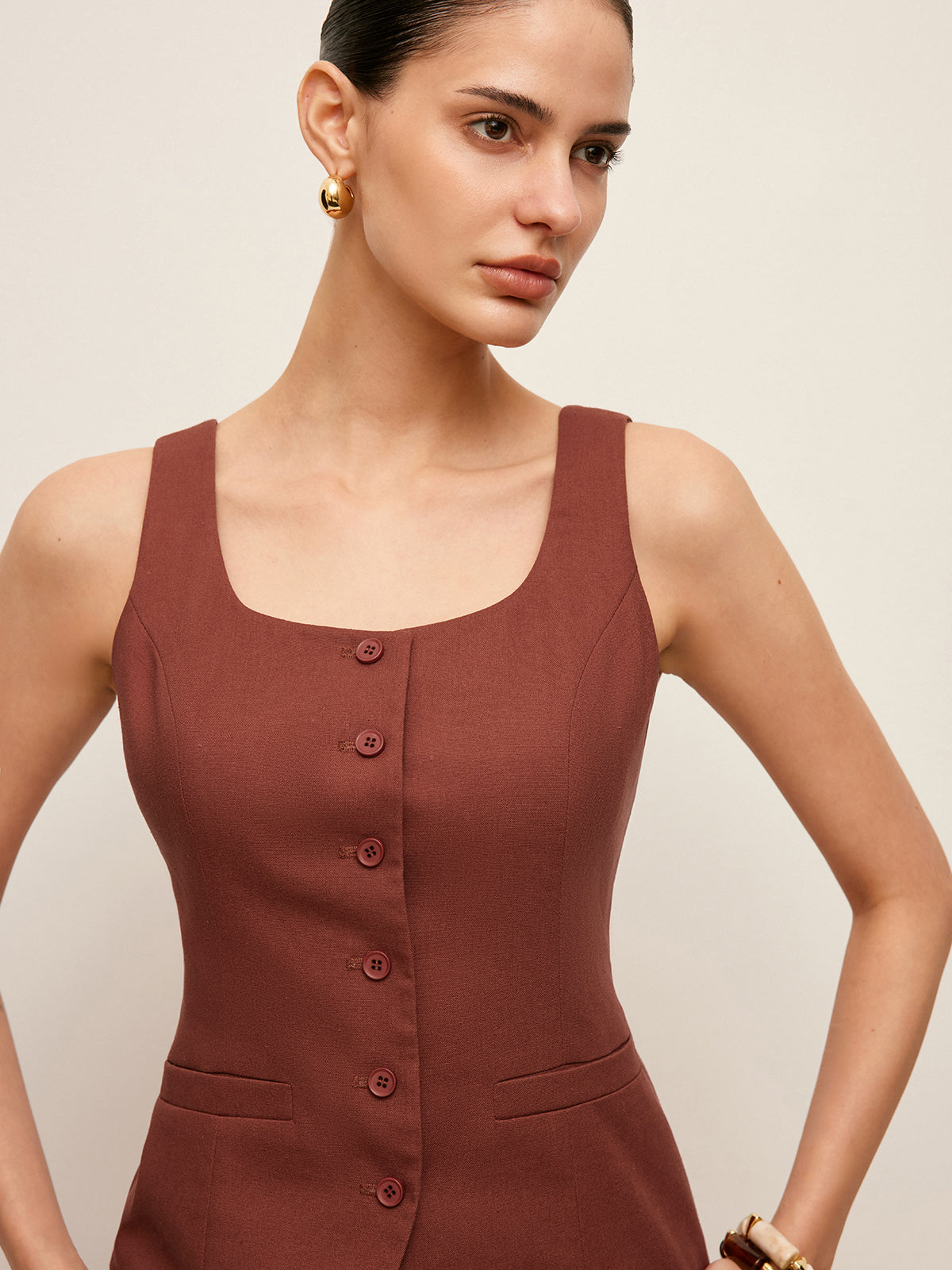 Cotton & Linen Tied Back Vest With Drawstring Pants Set-Chicvia