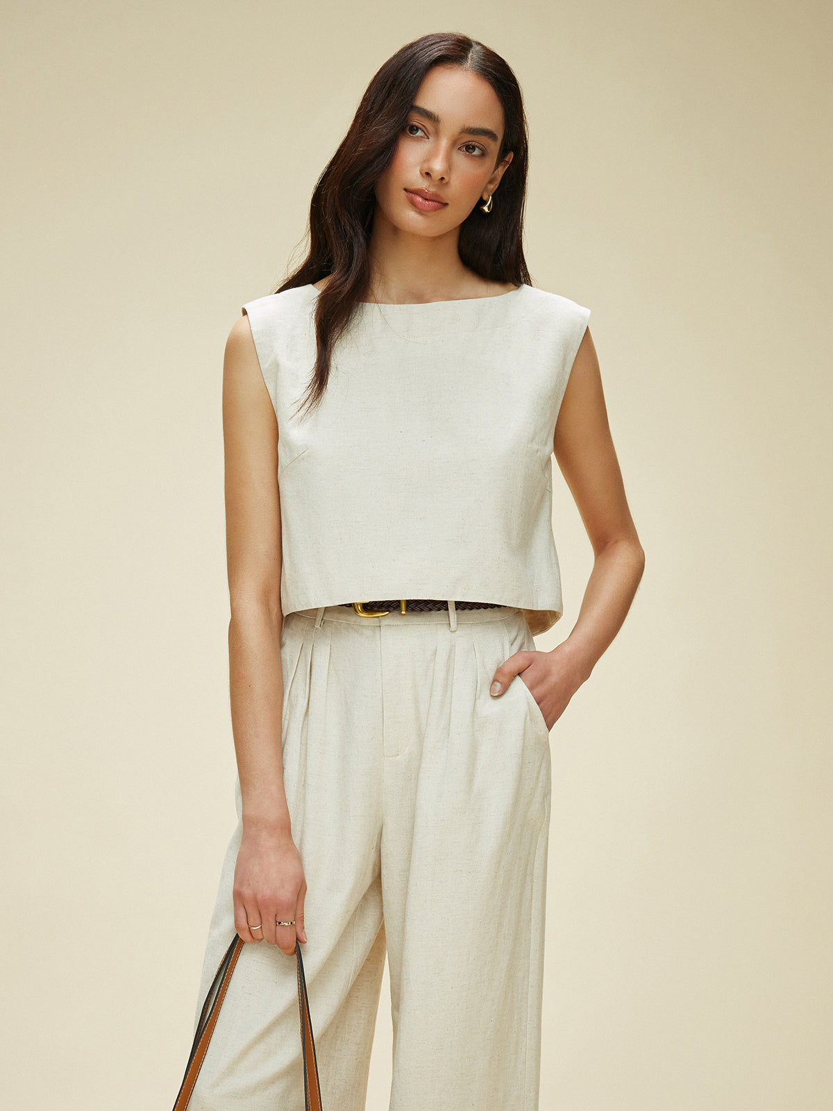 Cotton & Linen Sleeveless Pockets Pants Set Without Belt-Chicvia