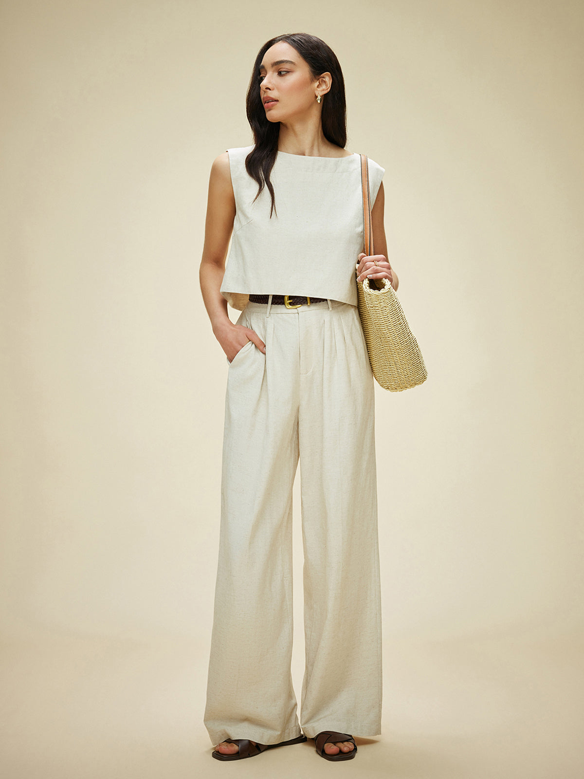Cotton & Linen Sleeveless Pockets Pants Set Without Belt-Chicvia