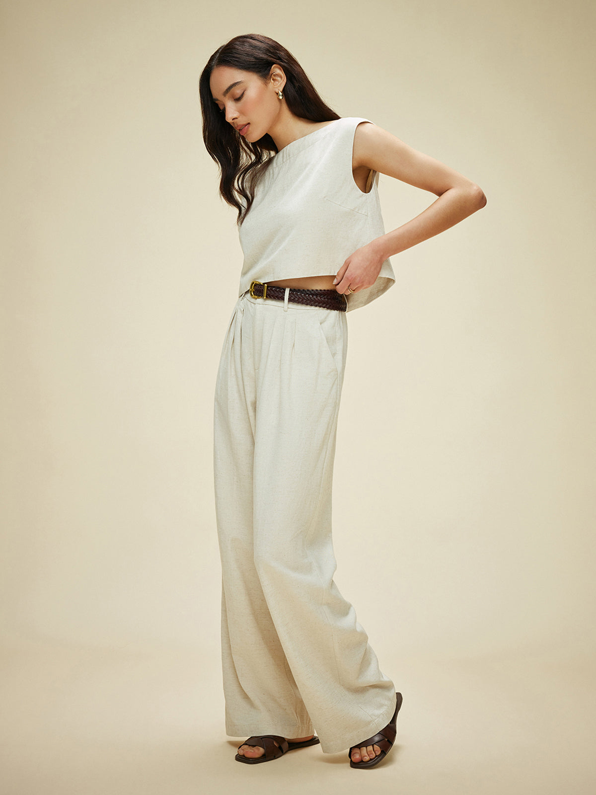 Cotton & Linen Sleeveless Pockets Pants Set Without Belt-Chicvia