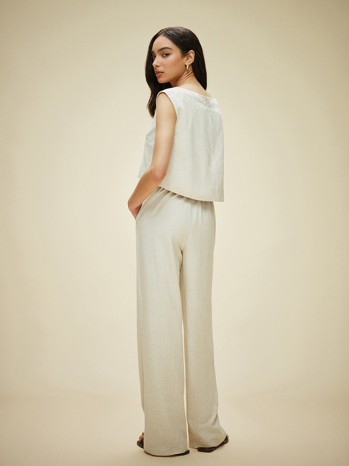 Cotton & Linen Sleeveless Pockets Pants Set Without Belt-Chicvia