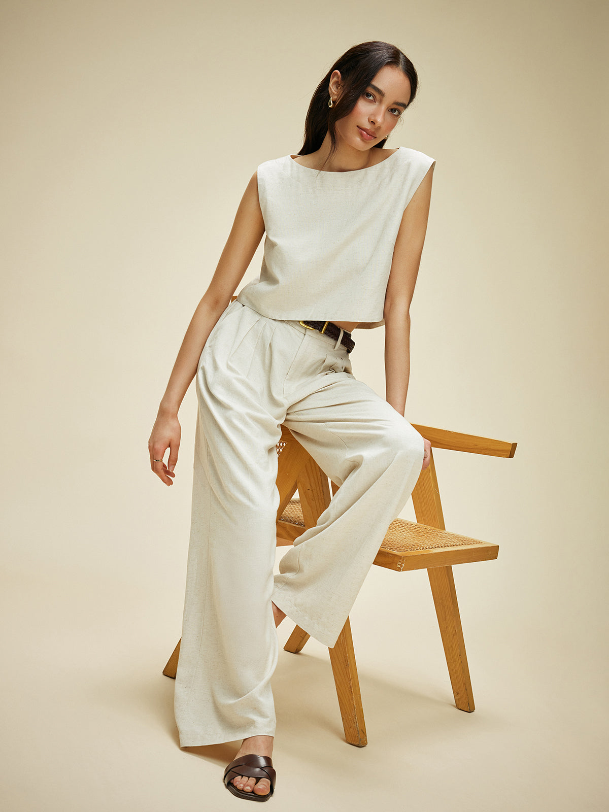 Cotton & Linen Sleeveless Pockets Pants Set Without Belt-Chicvia