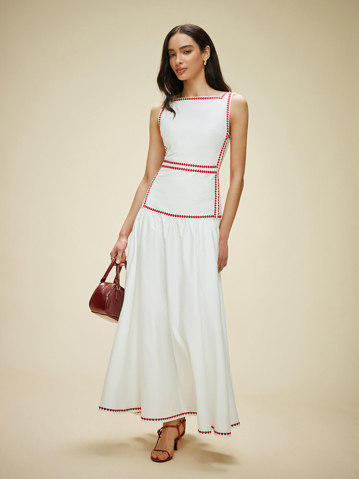 Cotton Contrast Trim Back Tie Dress-Chicvia