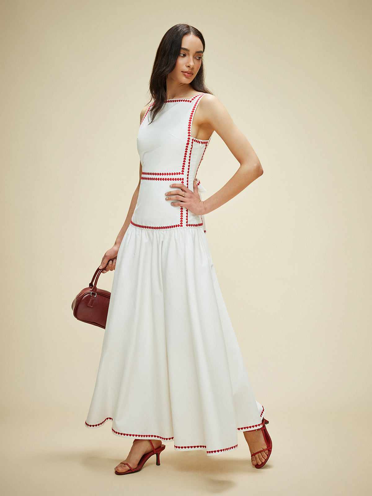 Cotton Contrast Trim Back Tie Dress-Chicvia