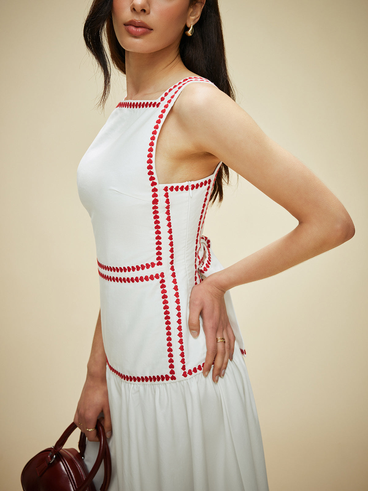 Cotton Contrast Trim Back Tie Dress-Chicvia