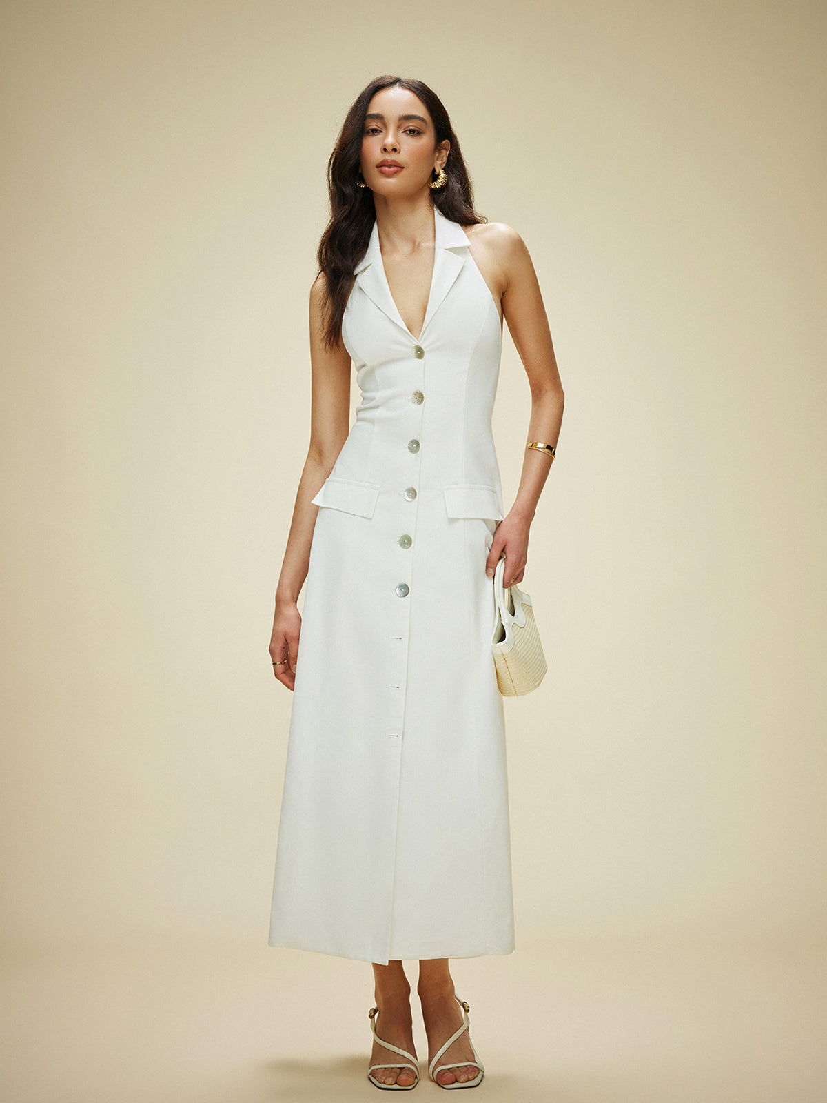 Cotton & Linen Pocket-Detail Halter Neck Tie-Back Dress-Chicvia