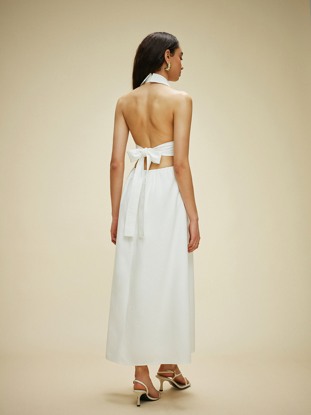 Cotton & Linen Pocket-Detail Halter Neck Tie-Back Dress-Chicvia