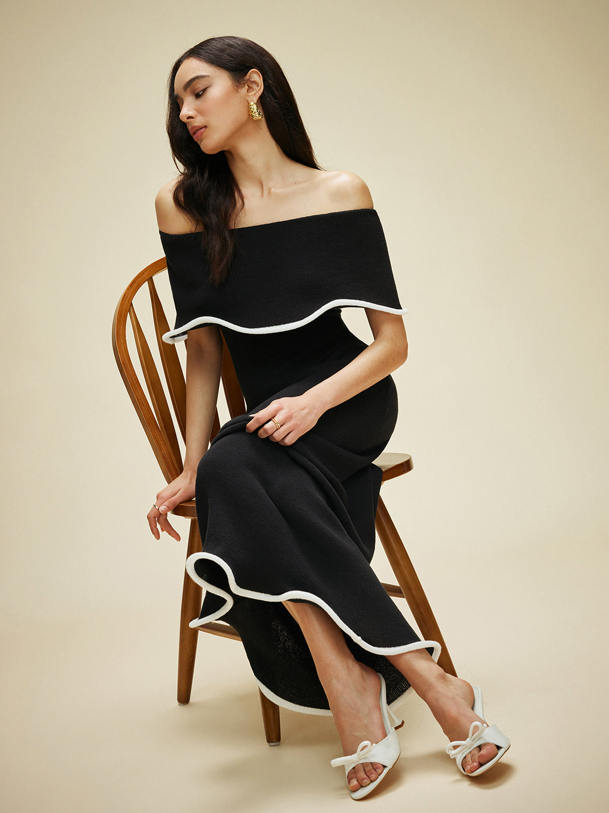 Color Block Off-Shoulder Ruffled Knit Dress-Chicvia