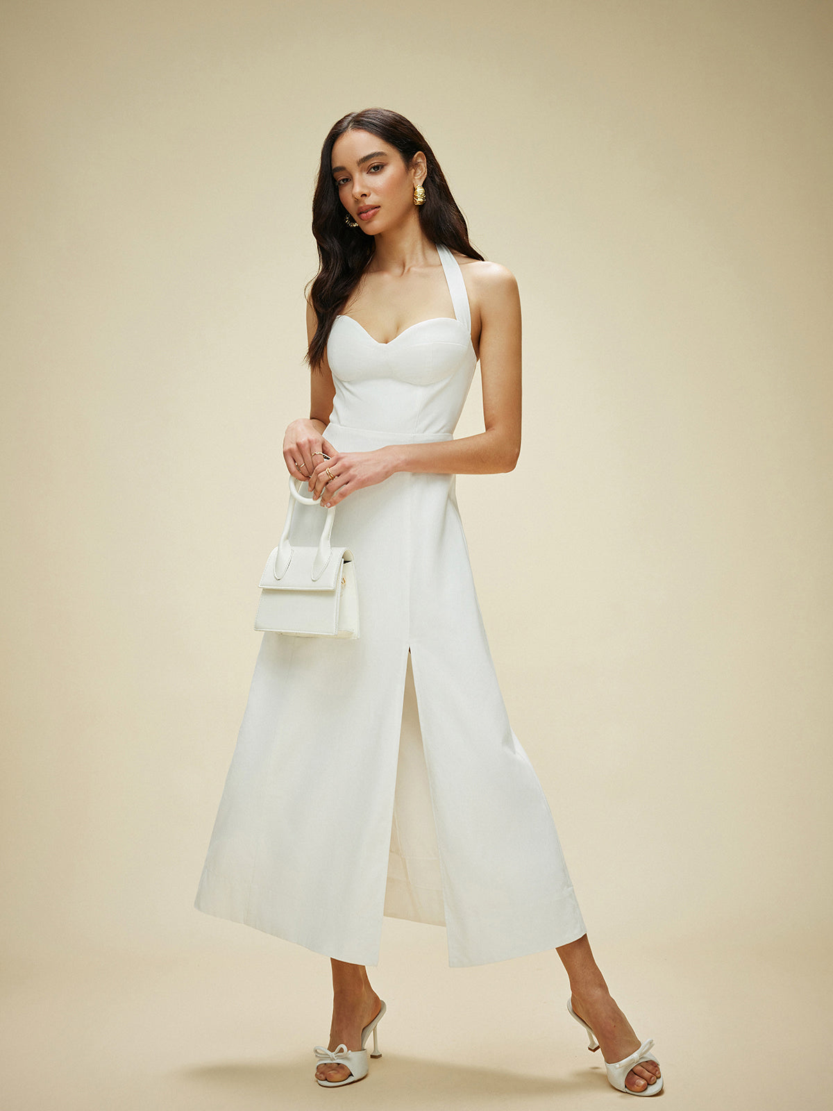 Cotton & Linen Halter Neck Bow Tie Dress-Chicvia