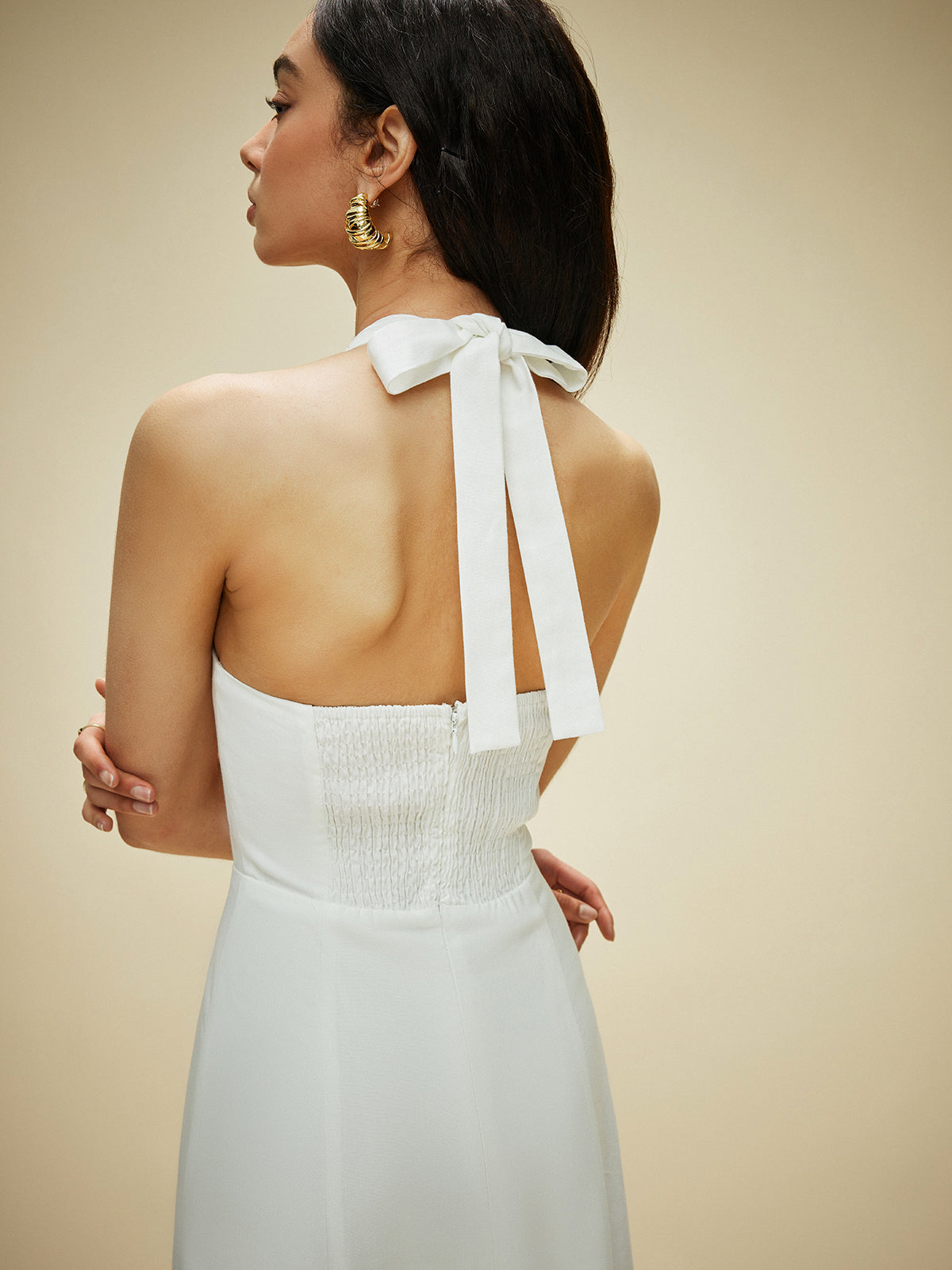 Cotton & Linen Halter Neck Bow Tie Dress-Chicvia