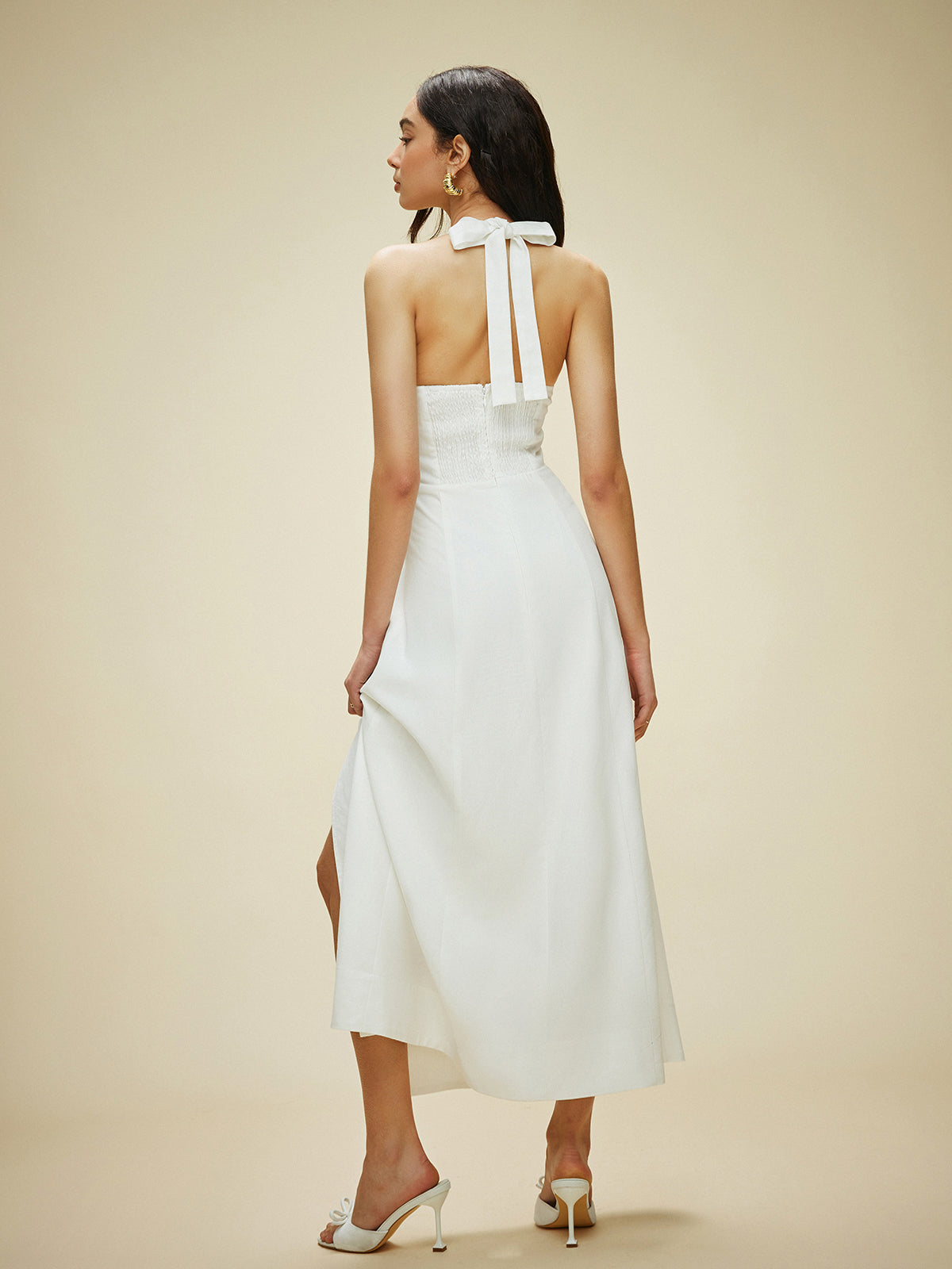 Cotton & Linen Halter Neck Bow Tie Dress-Chicvia