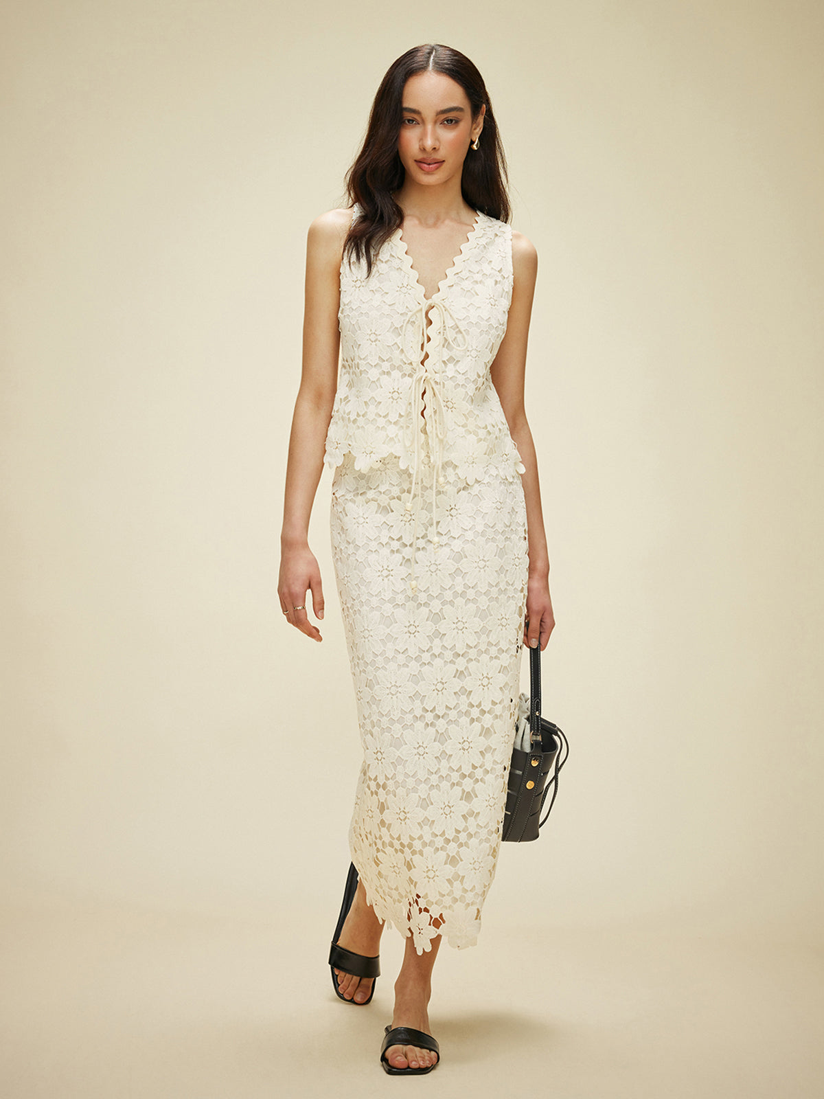 Lace Tied Front Top With Skirt Set-Chicvia