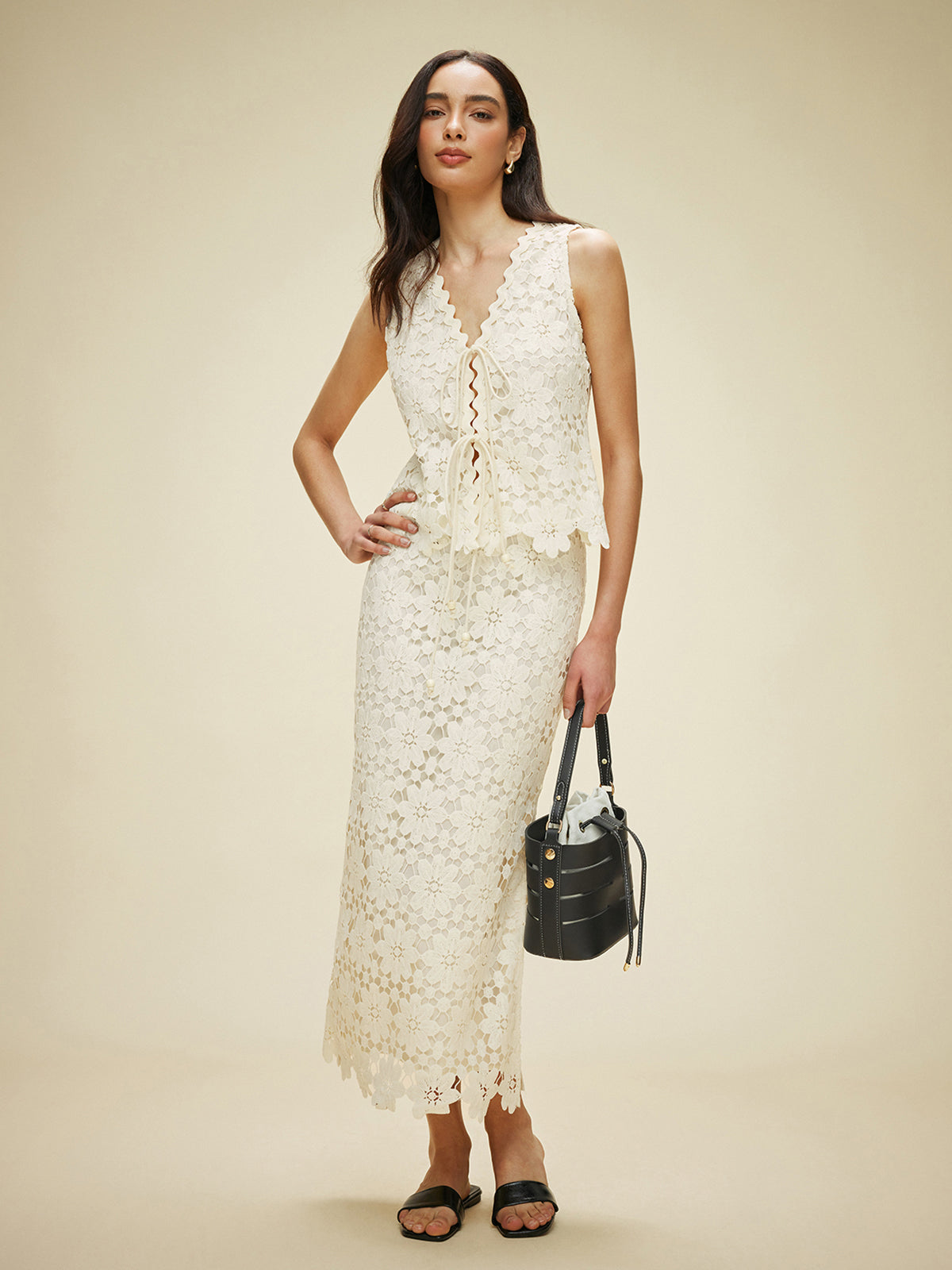 Lace Tied Front Top With Skirt Set-Chicvia