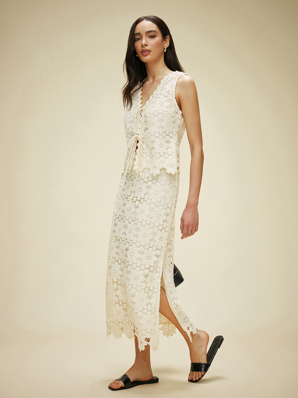 Lace Tied Front Top With Skirt Set-Chicvia