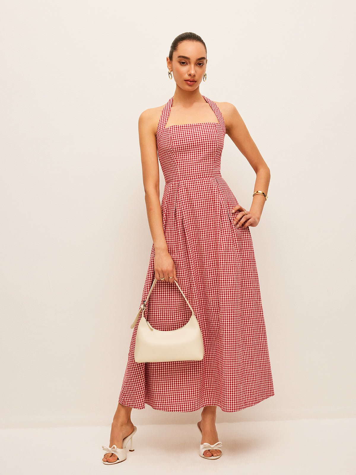 Cotton & Linen Plaid Halter Dress-Chicvia
