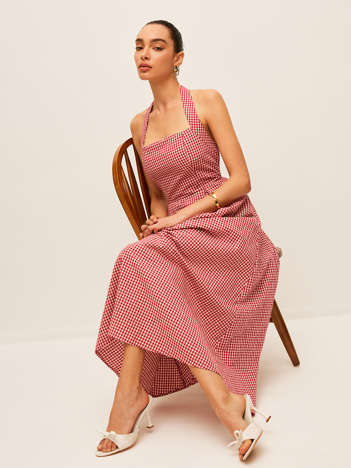 Cotton & Linen Plaid Halter Dress-Chicvia