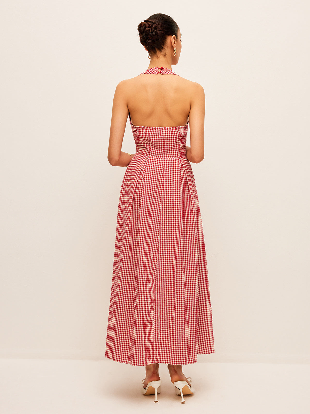 Cotton & Linen Plaid Halter Dress-Chicvia