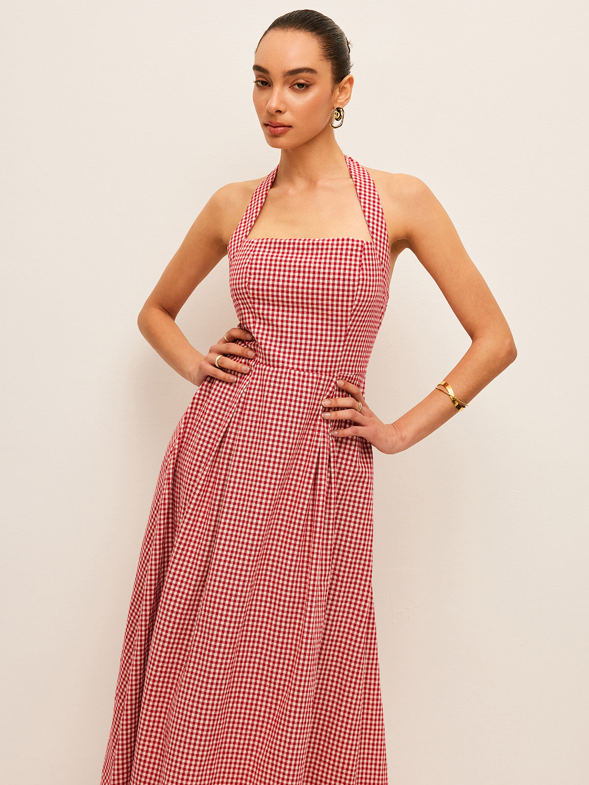 Cotton & Linen Plaid Halter Dress-Chicvia