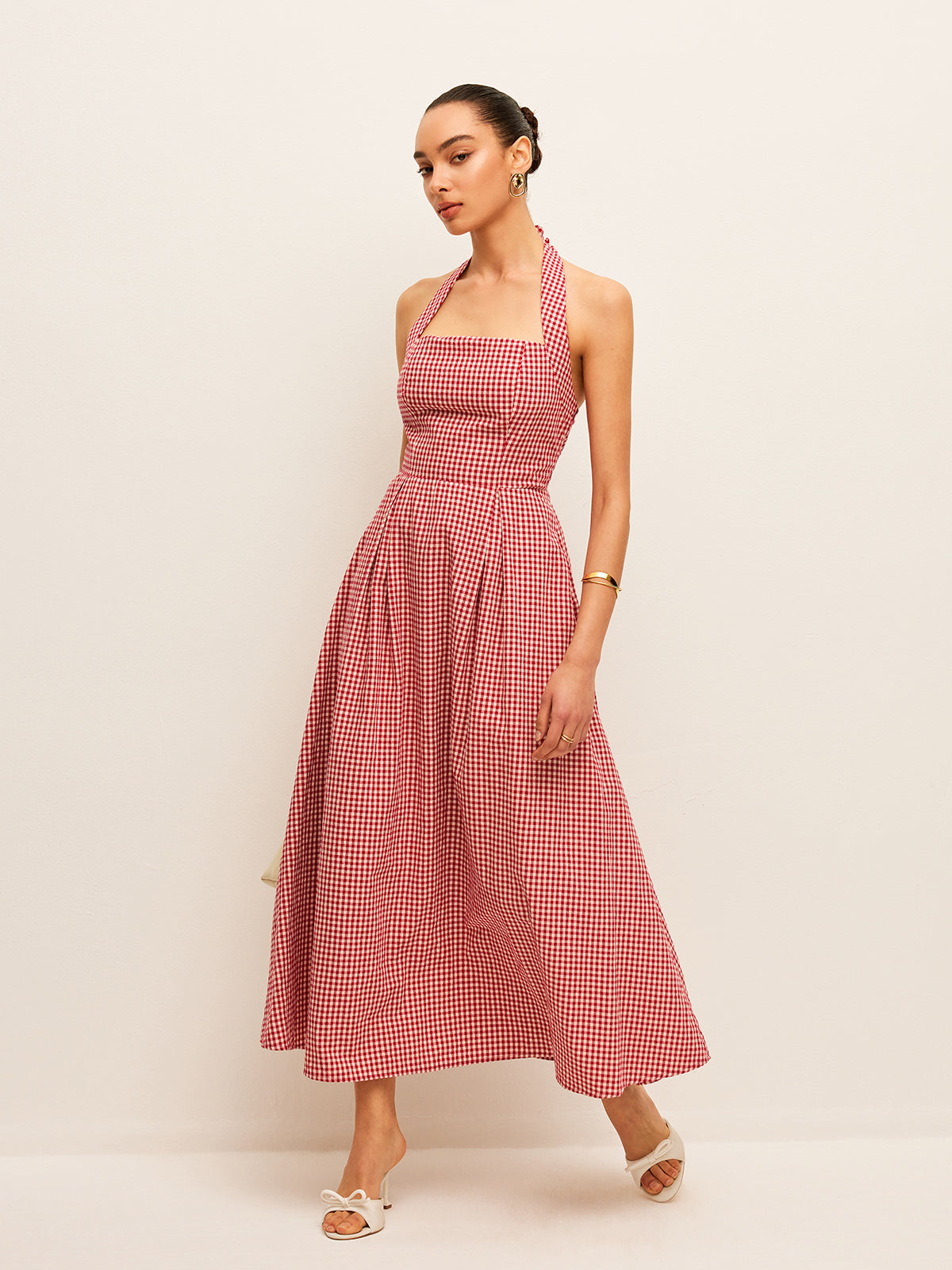 Cotton & Linen Plaid Halter Dress-Chicvia