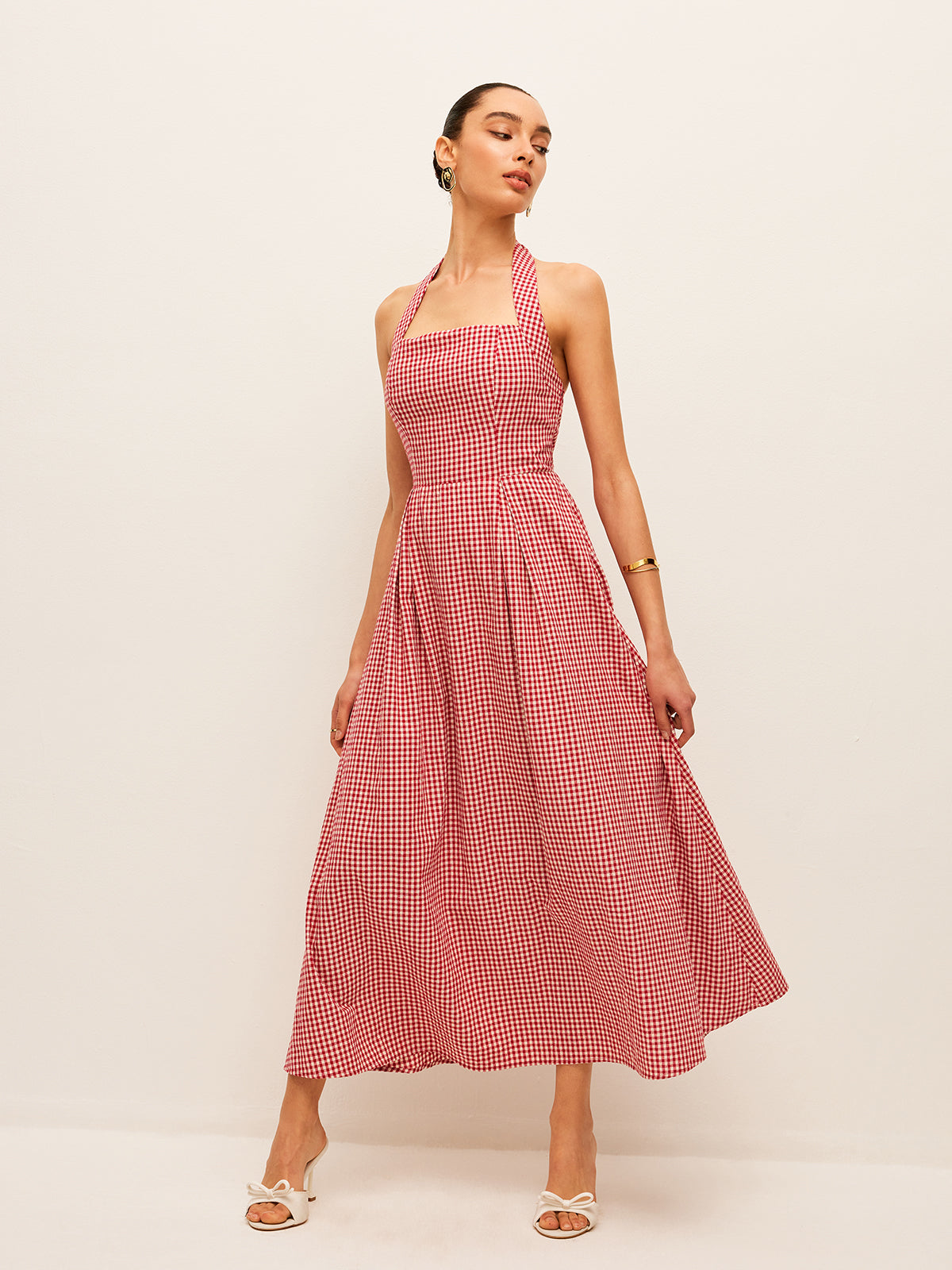 Cotton & Linen Plaid Halter Dress-Chicvia