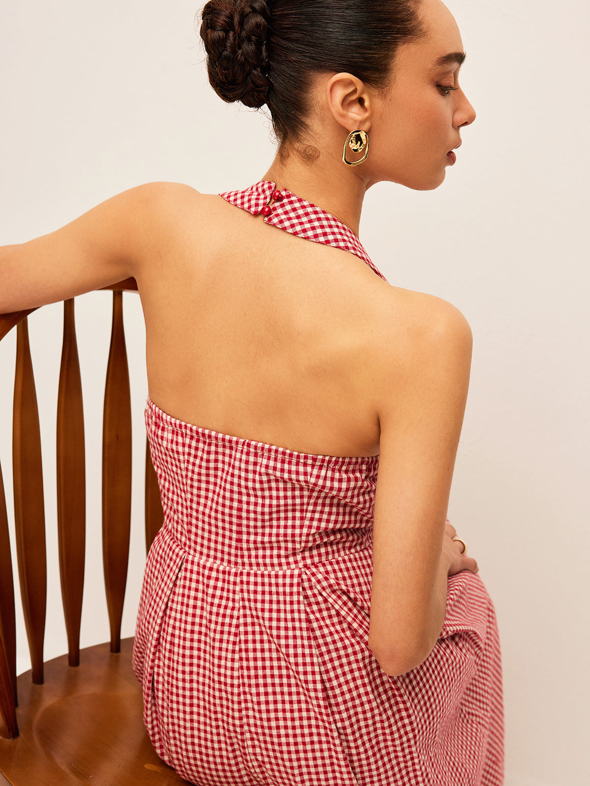 Cotton & Linen Plaid Halter Dress-Chicvia