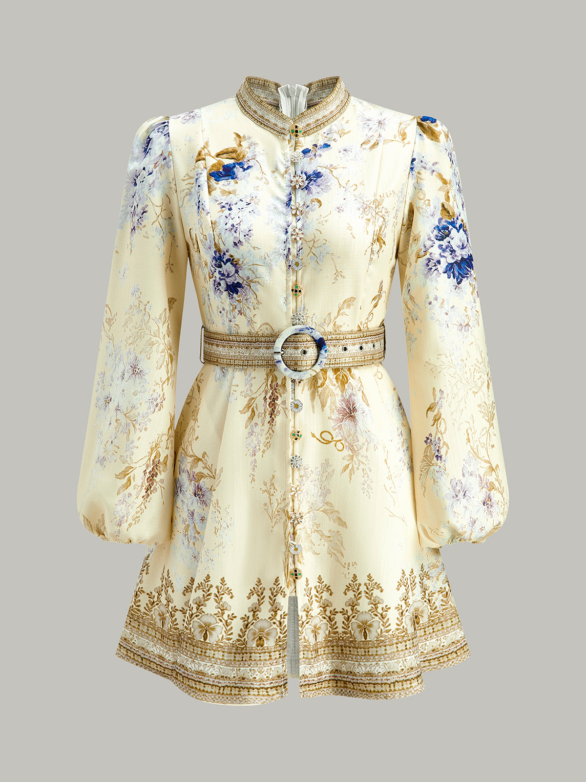 Floral Print Puffed Sleeve Dress With Belt-Chicvia