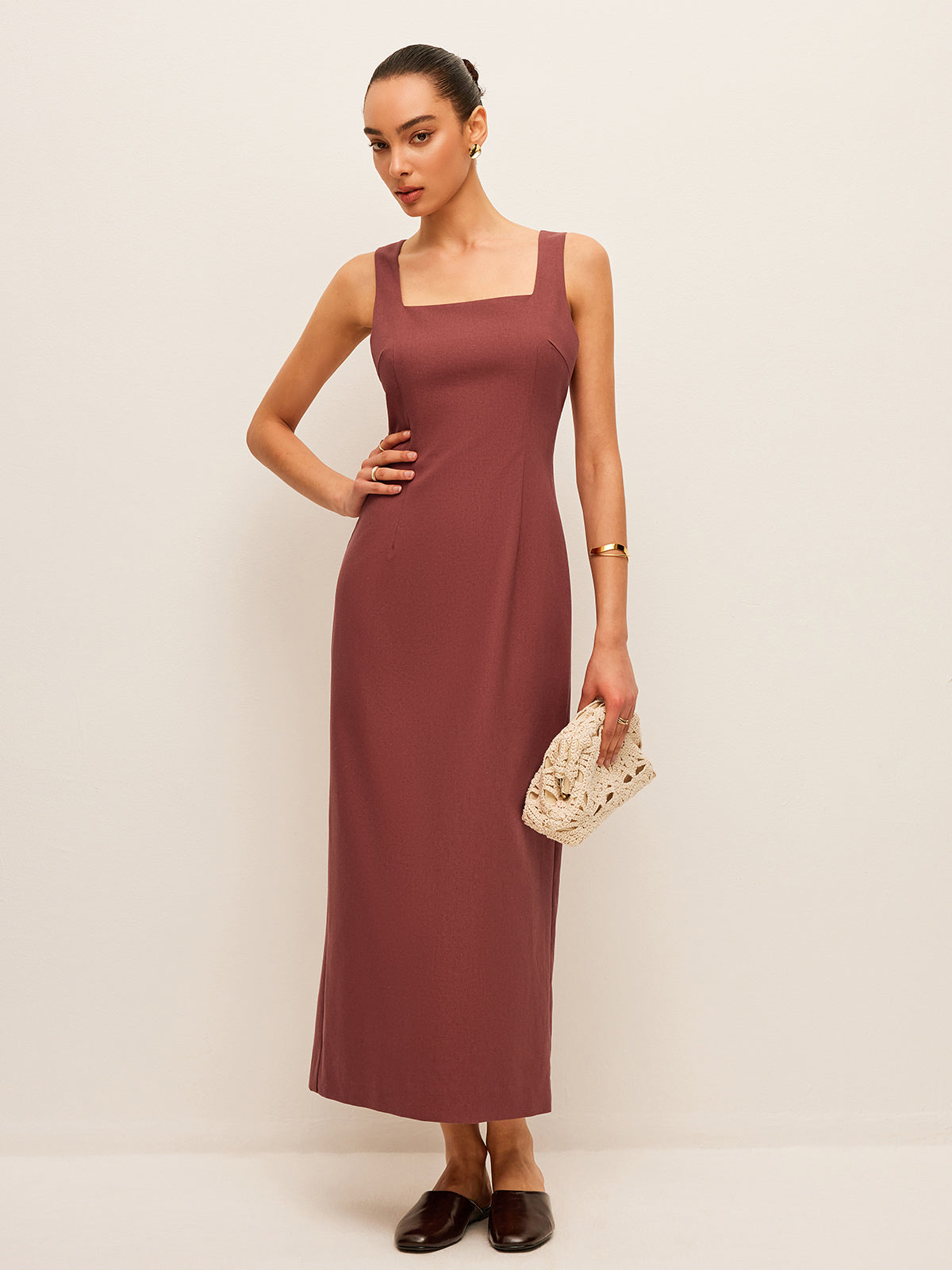 Cotton & Linen Back Slit Dress-Chicvia