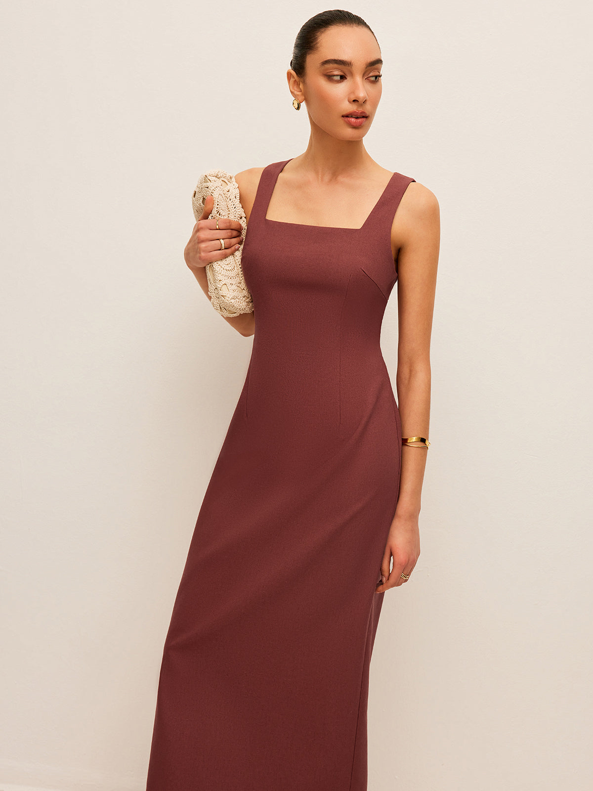 Cotton & Linen Back Slit Dress-Chicvia