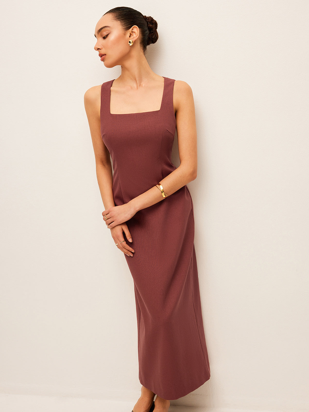 Cotton & Linen Back Slit Dress-Chicvia