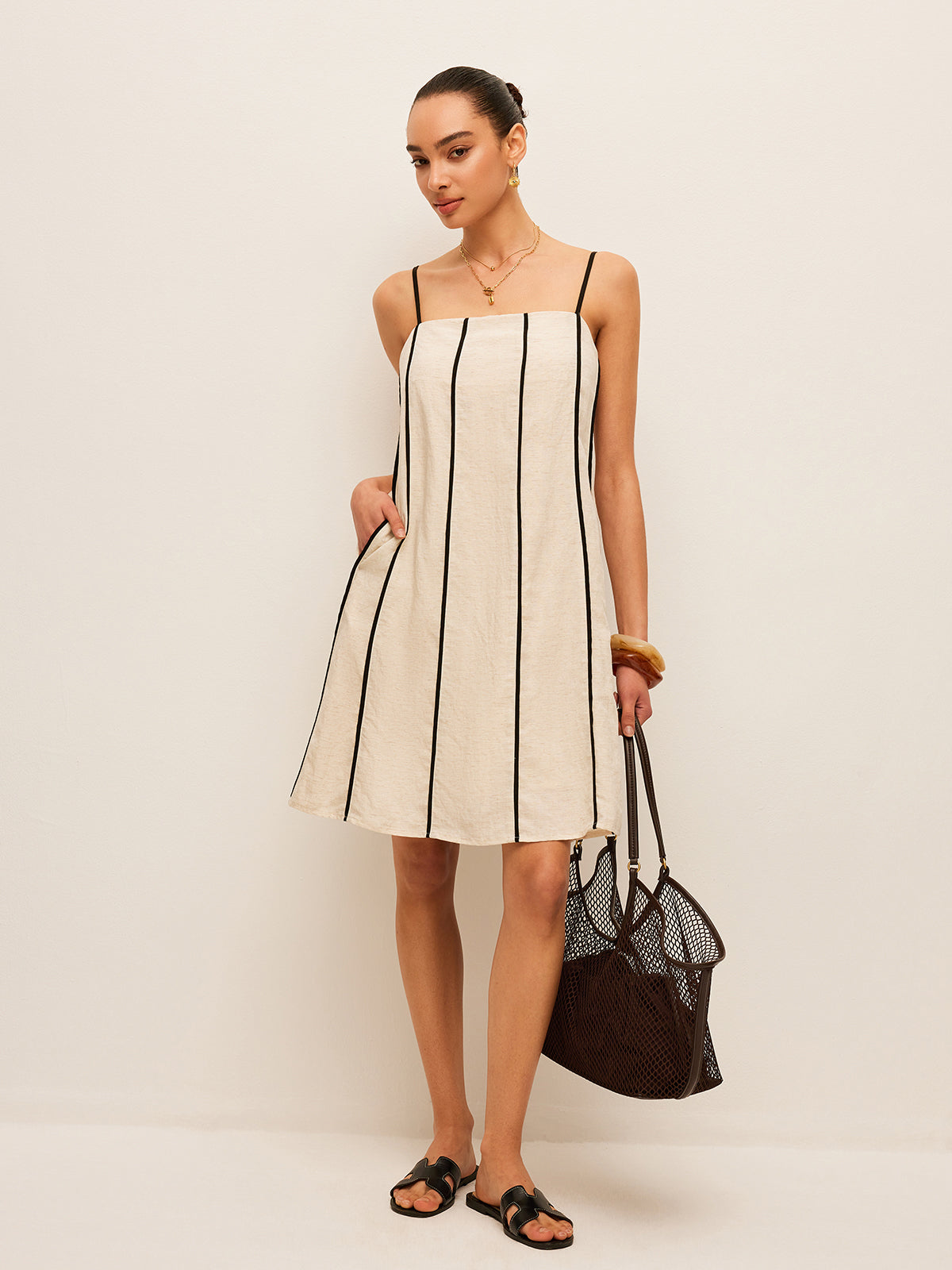 Cotton & Linen Striped Dress-Chicvia